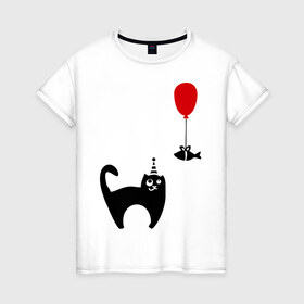 Женская футболка хлопок с принтом Кот и рыбка (1) в Санкт-Петербурге, 100% хлопок | прямой крой, круглый вырез горловины, длина до линии бедер, слегка спущенное плечо | киса | кот | котенок | котик | кошка | кошки | рыбка