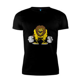 Мужская футболка премиум с принтом Лев Powerlifting в Санкт-Петербурге, 92% хлопок, 8% лайкра | приталенный силуэт, круглый вырез ворота, длина до линии бедра, короткий рукав | бодибилдинг | гантеля | кач | качалочка | качок | лев | мускулы | мышцы | пауэрлифтинг | тренажерка