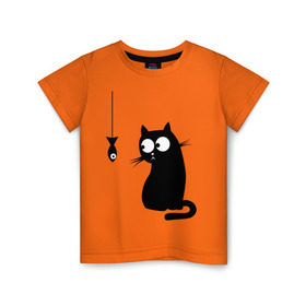 Детская футболка хлопок с принтом Кот и рыба в Санкт-Петербурге, 100% хлопок | круглый вырез горловины, полуприлегающий силуэт, длина до линии бедер | киса | киска | котенок | котик | котэ | кошка | рыбка