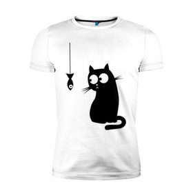 Мужская футболка премиум с принтом Кот и рыба в Санкт-Петербурге, 92% хлопок, 8% лайкра | приталенный силуэт, круглый вырез ворота, длина до линии бедра, короткий рукав | киса | киска | котенок | котик | котэ | кошка | рыбка