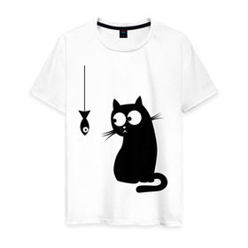 Мужская футболка хлопок с принтом Кот и рыба в Санкт-Петербурге, 100% хлопок | прямой крой, круглый вырез горловины, длина до линии бедер, слегка спущенное плечо. | киса | киска | котенок | котик | котэ | кошка | рыбка