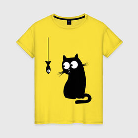 Женская футболка хлопок с принтом Кот и рыба в Санкт-Петербурге, 100% хлопок | прямой крой, круглый вырез горловины, длина до линии бедер, слегка спущенное плечо | киса | киска | котенок | котик | котэ | кошка | рыбка