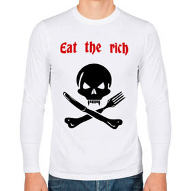 Мужской лонгслив хлопок с принтом Eat the rich в Санкт-Петербурге, 100% хлопок |  | eat the rich | еда | есть | еште богатые | ешьте богатые | нож и вилка | череп | череп и кости