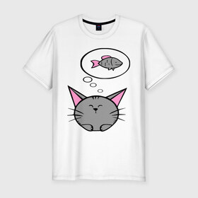 Мужская футболка премиум с принтом Кот и рыбка (2) в Санкт-Петербурге, 92% хлопок, 8% лайкра | приталенный силуэт, круглый вырез ворота, длина до линии бедра, короткий рукав | девушкам | киса | котенок | котик | кошка | кошки | рыба | серый кот