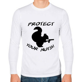Мужской лонгслив хлопок с принтом Protect your nuts в Санкт-Петербурге, 100% хлопок |  | белка | белочка | вооруженная | защищай | зверь | орехи | оружие | пистолет | свои