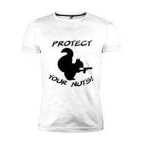 Мужская футболка премиум с принтом Protect your nuts в Санкт-Петербурге, 92% хлопок, 8% лайкра | приталенный силуэт, круглый вырез ворота, длина до линии бедра, короткий рукав | Тематика изображения на принте: белка | белочка | вооруженная | защищай | зверь | орехи | оружие | пистолет | свои