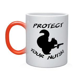 Кружка хамелеон с принтом Protect your nuts в Санкт-Петербурге, керамика | меняет цвет при нагревании, емкость 330 мл | белка | белочка | вооруженная | защищай | зверь | орехи | оружие | пистолет | свои