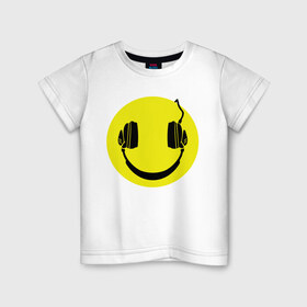 Детская футболка хлопок с принтом Смайлик-наушники в Санкт-Петербурге, 100% хлопок | круглый вырез горловины, полуприлегающий силуэт, длина до линии бедер | Тематика изображения на принте: smile | наушники | смайл | смайлик | смайлики | улыбка