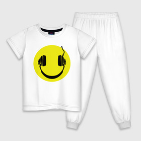 Детская пижама хлопок с принтом Смайлик-наушники в Санкт-Петербурге, 100% хлопок |  брюки и футболка прямого кроя, без карманов, на брюках мягкая резинка на поясе и по низу штанин
 | Тематика изображения на принте: smile | наушники | смайл | смайлик | смайлики | улыбка