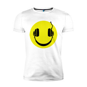 Мужская футболка премиум с принтом Смайлик-наушники в Санкт-Петербурге, 92% хлопок, 8% лайкра | приталенный силуэт, круглый вырез ворота, длина до линии бедра, короткий рукав | smile | наушники | смайл | смайлик | смайлики | улыбка