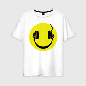 Женская футболка хлопок Oversize с принтом Смайлик-наушники в Санкт-Петербурге, 100% хлопок | свободный крой, круглый ворот, спущенный рукав, длина до линии бедер
 | smile | наушники | смайл | смайлик | смайлики | улыбка