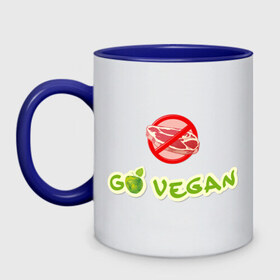 Кружка двухцветная с принтом Go Vegan (2) в Санкт-Петербурге, керамика | объем — 330 мл, диаметр — 80 мм. Цветная ручка и кайма сверху, в некоторых цветах — вся внутренняя часть | Тематика изображения на принте: 