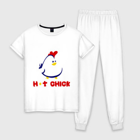 Женская пижама хлопок с принтом Hot Chick в Санкт-Петербурге, 100% хлопок | брюки и футболка прямого кроя, без карманов, на брюках мягкая резинка на поясе и по низу штанин | горячая | курица | курочка | цыпленок | чика