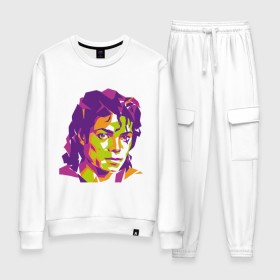 Женский костюм хлопок с принтом Michael Jackson полноцвет в Санкт-Петербурге, 100% хлопок | на свитшоте круглая горловина, мягкая резинка по низу. Брюки заужены к низу, на них два вида карманов: два 