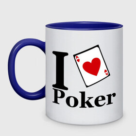 Кружка двухцветная с принтом poker love в Санкт-Петербурге, керамика | объем — 330 мл, диаметр — 80 мм. Цветная ручка и кайма сверху, в некоторых цветах — вся внутренняя часть | i love poker | poker | азартные игры | карта | название меняем на  life with pokerлюблю покер | покер | туз | туз черви | я люблю покер