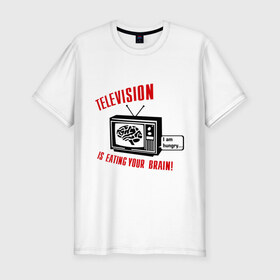 Мужская футболка премиум с принтом Телевидение ест твой мозг в Санкт-Петербурге, 92% хлопок, 8% лайкра | приталенный силуэт, круглый вырез ворота, длина до линии бедра, короткий рукав | eating your brain | hungry | television | антенна | передача | программа | телевизор | телешоу | телик | ящик