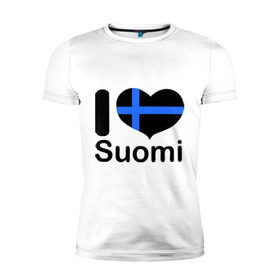 Мужская футболка премиум с принтом Love Suomi в Санкт-Петербурге, 92% хлопок, 8% лайкра | приталенный силуэт, круглый вырез ворота, длина до линии бедра, короткий рукав | suomi | курорты | курорты финляндии | люблю финляндию | отдых | финляндия