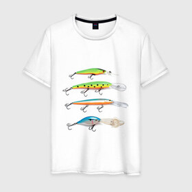 Мужская футболка хлопок с принтом Приманки в Санкт-Петербурге, 100% хлопок | прямой крой, круглый вырез горловины, длина до линии бедер, слегка спущенное плечо. | для рыбаков | крючок | наживка | наживки | приманка | рыба | рыбак | рыбакам | рыбалка