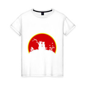 Женская футболка хлопок с принтом Любовь и солнце в Санкт-Петербурге, 100% хлопок | прямой крой, круглый вырез горловины, длина до линии бедер, слегка спущенное плечо | закат | кошки | любовь | солнце