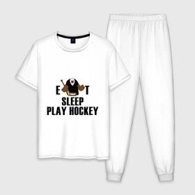 Мужская пижама хлопок с принтом Eat sleep play hockey в Санкт-Петербурге, 100% хлопок | брюки и футболка прямого кроя, без карманов, на брюках мягкая резинка на поясе и по низу штанин
 | hockey | nhl | ешь | играй в хоккей | нхл | спи | хоккей