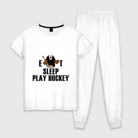 Женская пижама хлопок с принтом Eat sleep play hockey в Санкт-Петербурге, 100% хлопок | брюки и футболка прямого кроя, без карманов, на брюках мягкая резинка на поясе и по низу штанин | hockey | nhl | ешь | играй в хоккей | нхл | спи | хоккей