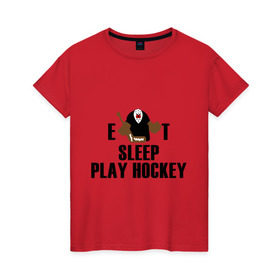 Женская футболка хлопок с принтом Eat sleep play hockey в Санкт-Петербурге, 100% хлопок | прямой крой, круглый вырез горловины, длина до линии бедер, слегка спущенное плечо | hockey | nhl | ешь | играй в хоккей | нхл | спи | хоккей