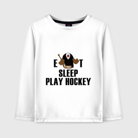 Детский лонгслив хлопок с принтом Eat sleep play hockey в Санкт-Петербурге, 100% хлопок | круглый вырез горловины, полуприлегающий силуэт, длина до линии бедер | hockey | nhl | ешь | играй в хоккей | нхл | спи | хоккей