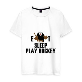 Мужская футболка хлопок с принтом Eat sleep play hockey в Санкт-Петербурге, 100% хлопок | прямой крой, круглый вырез горловины, длина до линии бедер, слегка спущенное плечо. | hockey | nhl | ешь | играй в хоккей | нхл | спи | хоккей