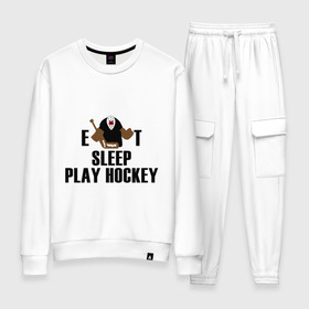 Женский костюм хлопок с принтом Eat sleep play hockey в Санкт-Петербурге, 100% хлопок | на свитшоте круглая горловина, мягкая резинка по низу. Брюки заужены к низу, на них два вида карманов: два 