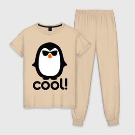 Женская пижама хлопок с принтом Стильный клевый крутой пингвин в Санкт-Петербурге, 100% хлопок | брюки и футболка прямого кроя, без карманов, на брюках мягкая резинка на поясе и по низу штанин | пингвин