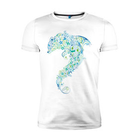Мужская футболка премиум с принтом Абстрактный дельфин в Санкт-Петербурге, 92% хлопок, 8% лайкра | приталенный силуэт, круглый вырез ворота, длина до линии бедра, короткий рукав | Тематика изображения на принте: абстрактный дельфин | дельфин | животные | морские животные | орнамент | рисунок | цветочный орнамент