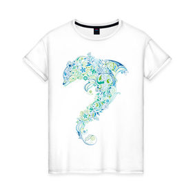 Женская футболка хлопок с принтом Абстрактный дельфин в Санкт-Петербурге, 100% хлопок | прямой крой, круглый вырез горловины, длина до линии бедер, слегка спущенное плечо | Тематика изображения на принте: абстрактный дельфин | дельфин | животные | морские животные | орнамент | рисунок | цветочный орнамент