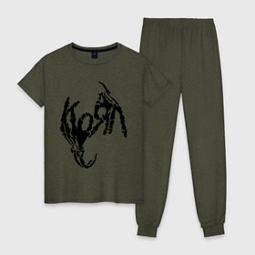 Женская пижама хлопок с принтом Korn bones в Санкт-Петербурге, 100% хлопок | брюки и футболка прямого кроя, без карманов, на брюках мягкая резинка на поясе и по низу штанин | korn | metal | группы | корн | логотип | метал | музыка | рок группы | рок музыка
