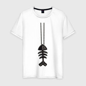 Мужская футболка хлопок с принтом Кулон рыба в Санкт-Петербурге, 100% хлопок | прямой крой, круглый вырез горловины, длина до линии бедер, слегка спущенное плечо. | скелет