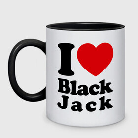 Кружка двухцветная с принтом I love black jack в Санкт-Петербурге, керамика | объем — 330 мл, диаметр — 80 мм. Цветная ручка и кайма сверху, в некоторых цветах — вся внутренняя часть | 21 | black jack | i love | i love black jack | блэк джек | карточный игры | карты | покер | я люблю