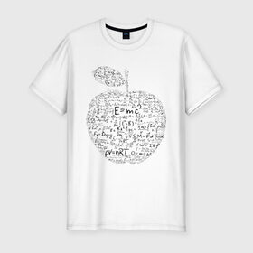 Мужская футболка премиум с принтом Яблоко Ньютона (формулы физики) в Санкт-Петербурге, 92% хлопок, 8% лайкра | приталенный силуэт, круглый вырез ворота, длина до линии бедра, короткий рукав | Тематика изображения на принте: для студентов | ньютон | студентам | студенческие | физика | формула | формулы | яблоко ньютона