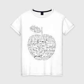 Женская футболка хлопок с принтом Яблоко Ньютона (формулы физики) в Санкт-Петербурге, 100% хлопок | прямой крой, круглый вырез горловины, длина до линии бедер, слегка спущенное плечо | для студентов | ньютон | студентам | студенческие | физика | формула | формулы | яблоко ньютона