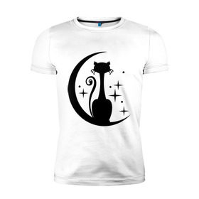 Мужская футболка премиум с принтом Кошка на луне в Санкт-Петербурге, 92% хлопок, 8% лайкра | приталенный силуэт, круглый вырез ворота, длина до линии бедра, короткий рукав | звезды | киса | луна | месяц | ночная | ночь
