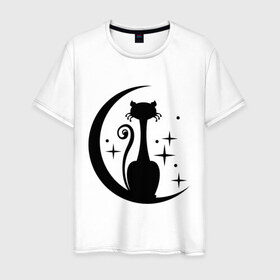 Мужская футболка хлопок с принтом Кошка на луне в Санкт-Петербурге, 100% хлопок | прямой крой, круглый вырез горловины, длина до линии бедер, слегка спущенное плечо. | звезды | киса | луна | месяц | ночная | ночь