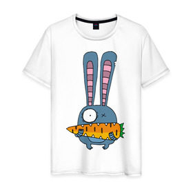 Мужская футболка хлопок с принтом заяц с морковкой в Санкт-Петербурге, 100% хлопок | прямой крой, круглый вырез горловины, длина до линии бедер, слегка спущенное плечо. | Тематика изображения на принте: животные | зайчик | заяц | заяц с морковкой | морковка
