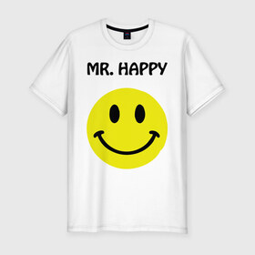 Мужская футболка премиум с принтом мистер счастье в Санкт-Петербурге, 92% хлопок, 8% лайкра | приталенный силуэт, круглый вырез ворота, длина до линии бедра, короткий рукав | happy | mr. happy | smile | мистер хэппи | рожица | смайл | смайлик | счастье