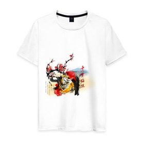 Мужская футболка хлопок с принтом Тигр принт в Санкт-Петербурге, 100% хлопок | прямой крой, круглый вырез горловины, длина до линии бедер, слегка спущенное плечо. | азия | восток | китай | сакура | тигр | туристические | цветущая сакура