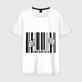 Мужская футболка хлопок с принтом штрих код тюрьма в Санкт-Петербурге, 100% хлопок | прямой крой, круглый вырез горловины, длина до линии бедер, слегка спущенное плечо. | Тематика изображения на принте: руки штрих код | штрих код