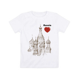 Детская футболка хлопок с принтом Люблю Россию (Кремль) в Санкт-Петербурге, 100% хлопок | круглый вырез горловины, полуприлегающий силуэт, длина до линии бедер | moscow | russia | государство | москва | патриот | родина | россия | страна | я русский