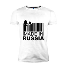Мужская футболка премиум с принтом Made in Russia штрихкод в Санкт-Петербурге, 92% хлопок, 8% лайкра | приталенный силуэт, круглый вырез ворота, длина до линии бедра, короткий рукав | made in russia | сделано в россии | че2012 | штрих код | штрихкод | я русский