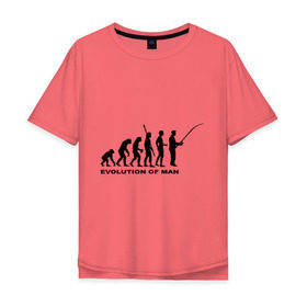 Мужская футболка хлопок Oversize с принтом Рыбак. Эволюция в Санкт-Петербурге, 100% хлопок | свободный крой, круглый ворот, “спинка” длиннее передней части | Тематика изображения на принте: рыба | рыбак | рыбалка | удочка | эволюция