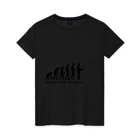 Женская футболка хлопок с принтом Рыбак. Эволюция в Санкт-Петербурге, 100% хлопок | прямой крой, круглый вырез горловины, длина до линии бедер, слегка спущенное плечо | Тематика изображения на принте: рыба | рыбак | рыбалка | удочка | эволюция