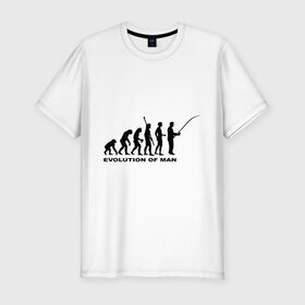 Мужская футболка премиум с принтом Рыбак. Эволюция в Санкт-Петербурге, 92% хлопок, 8% лайкра | приталенный силуэт, круглый вырез ворота, длина до линии бедра, короткий рукав | Тематика изображения на принте: рыба | рыбак | рыбалка | удочка | эволюция