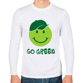 Мужской лонгслив хлопок с принтом Грин смайл в Санкт-Петербурге, 100% хлопок |  | eco | go green | green | зеленые технологии | зелень | планета | смайл | смайлик | чистота | эко | экология