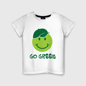 Детская футболка хлопок с принтом Грин смайл в Санкт-Петербурге, 100% хлопок | круглый вырез горловины, полуприлегающий силуэт, длина до линии бедер | eco | go green | green | зеленые технологии | зелень | планета | смайл | смайлик | чистота | эко | экология